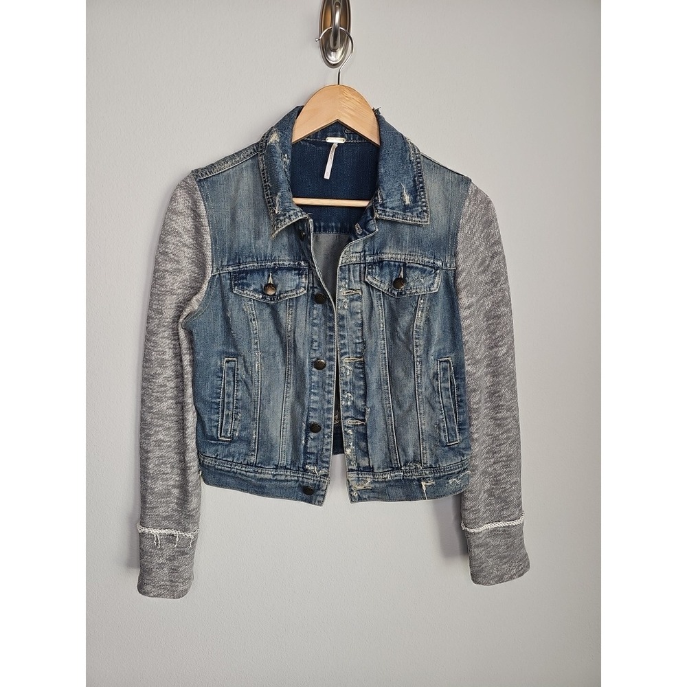 Free People Women's Denim Collared Knitted Jean Jacket‎ Size XS